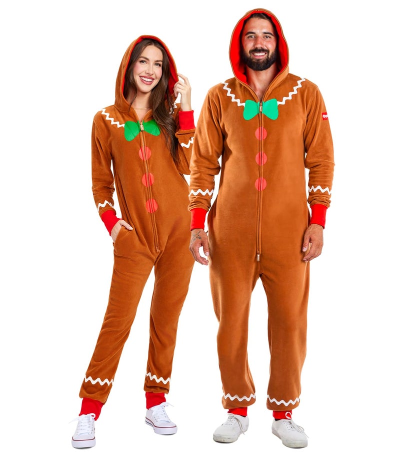 Tipsy Elves Christmas Onesies for Adults - Comfy Unisex Matching Holiday Jumpsuits with Convenient Pockets - Cozy Brown Gingerbread Christmas Jumpsuit Size Large - Image 1